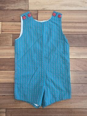 Vintage Blue Teal Red Stitch Button-Shoulder Romper Shorts  4T Playtime Comfort